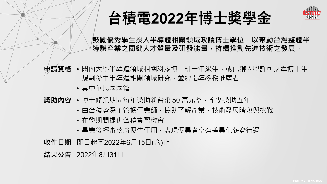 【台積電2022年博士獎學金】